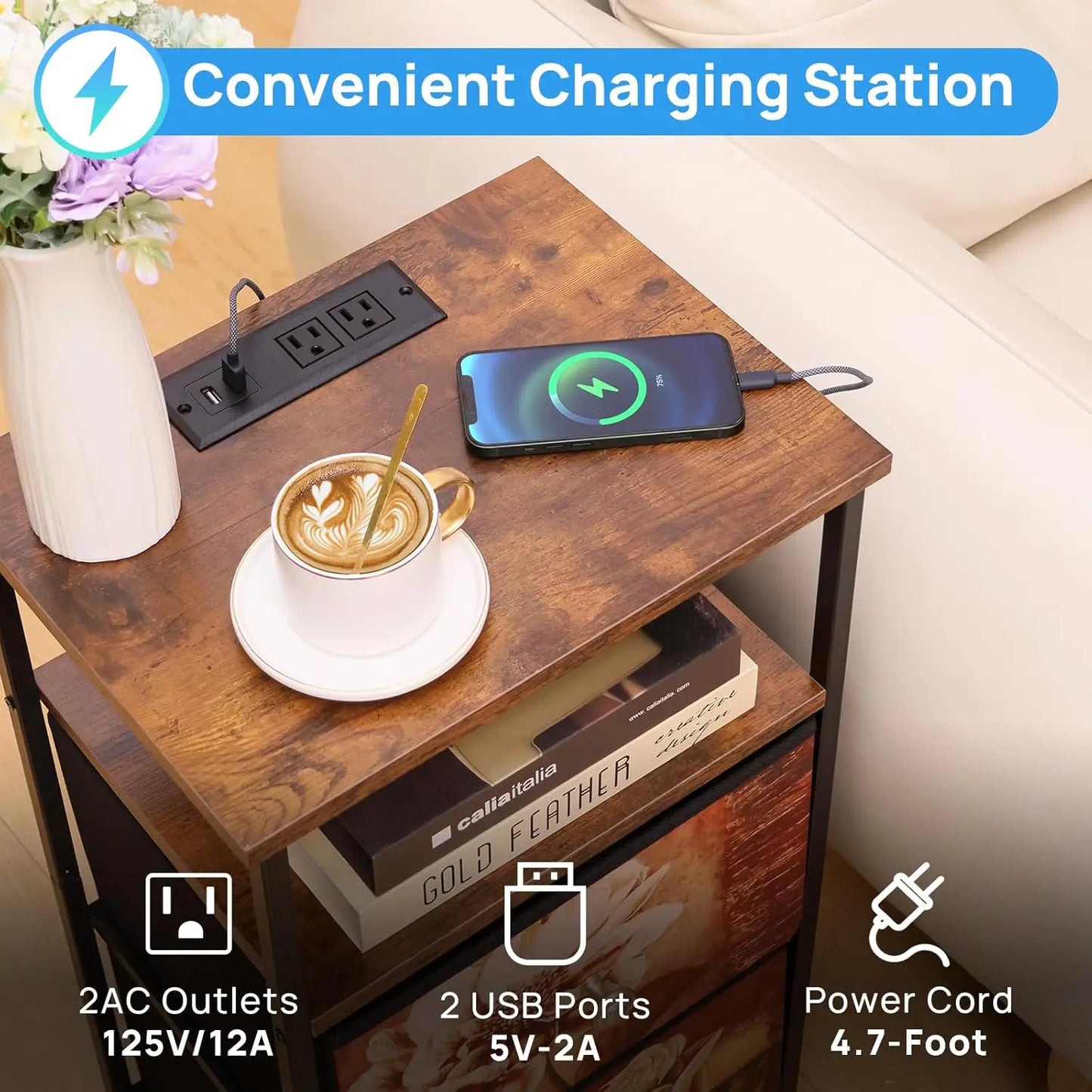 nightstand Set of 2 with Charging Station, LED Bedside Table w/USB Ports & Outlets,End Table w/2 Fabric Drawers and Open Shelf