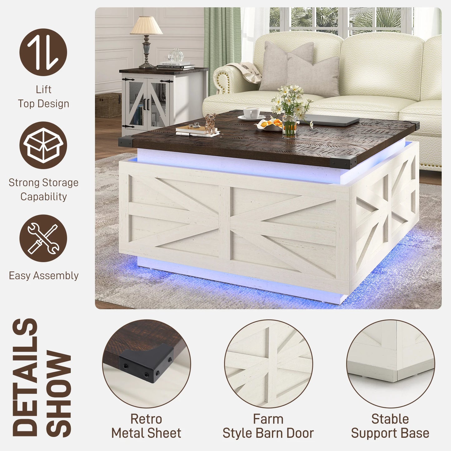 35.8" Farmhouse Lift Top Coffee Table with Storage, Square Coffee Table with LED Lights, Wood Center Table with Hidden Storage