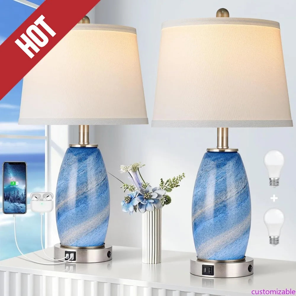 Customizable-Blue Lamps Set Of 2 For Bedroom & Bedside With 3-Way Lighting Modes & USB C+A - Modern Style Glass Nightstand Table