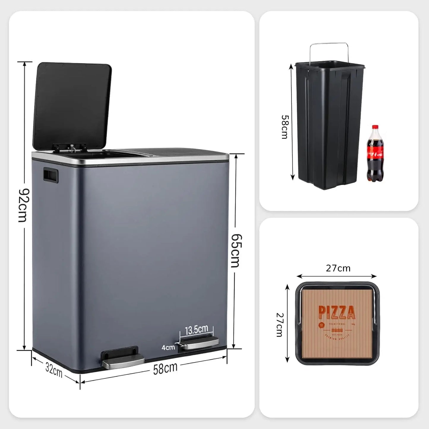 16 Gal (60 L) Stainless Steel Kitchen Trash Can Dual Recycling Bin Garbage Can with Lid Garbage Bin Dustbin w/ Soft-Close Lid (Multiple colors)