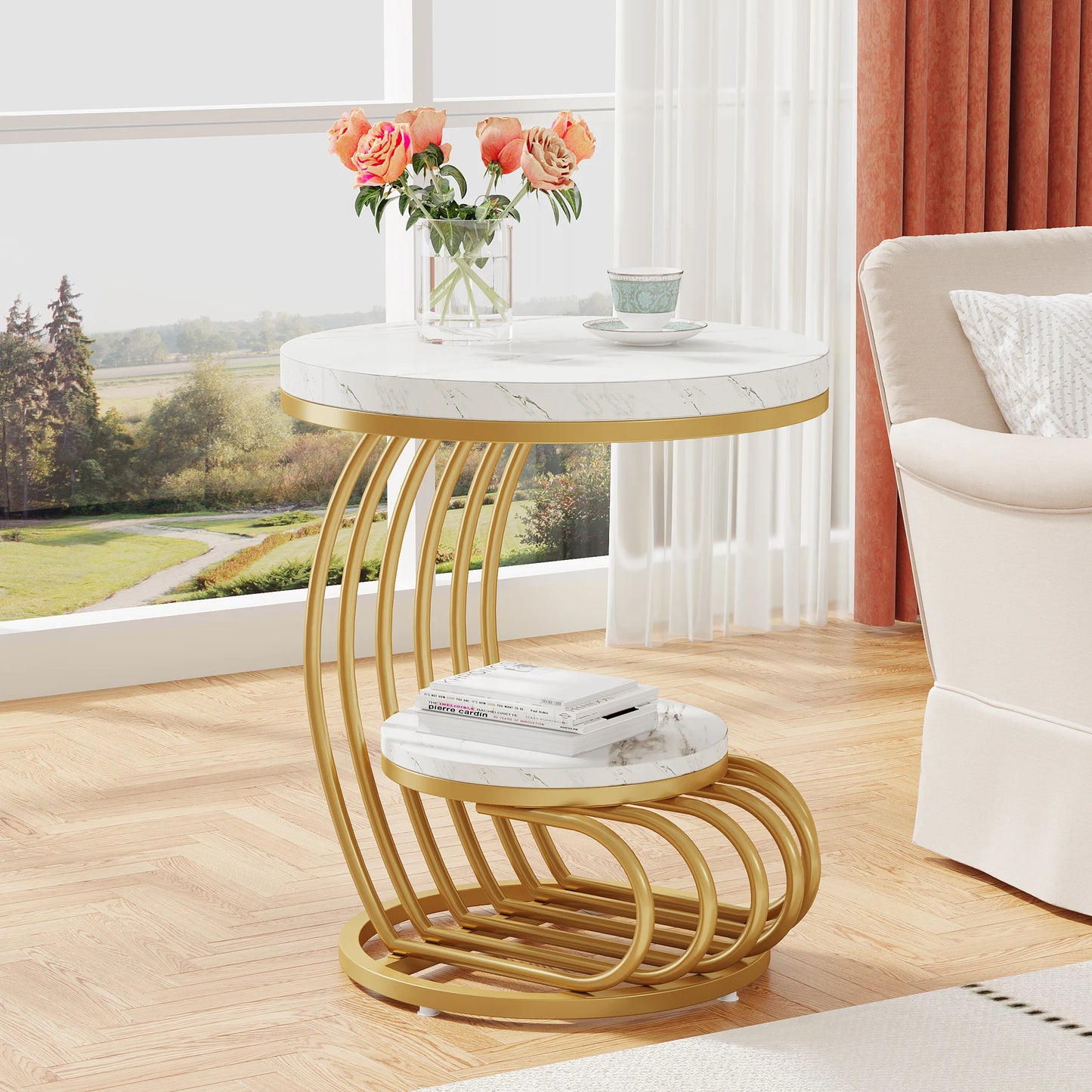 Tribesigns Gold Round End Table: 2 Tiers Faux Marble Side Table with Storage Shelf, Modern White Gold Bedside Nightstand (Multiple colors)