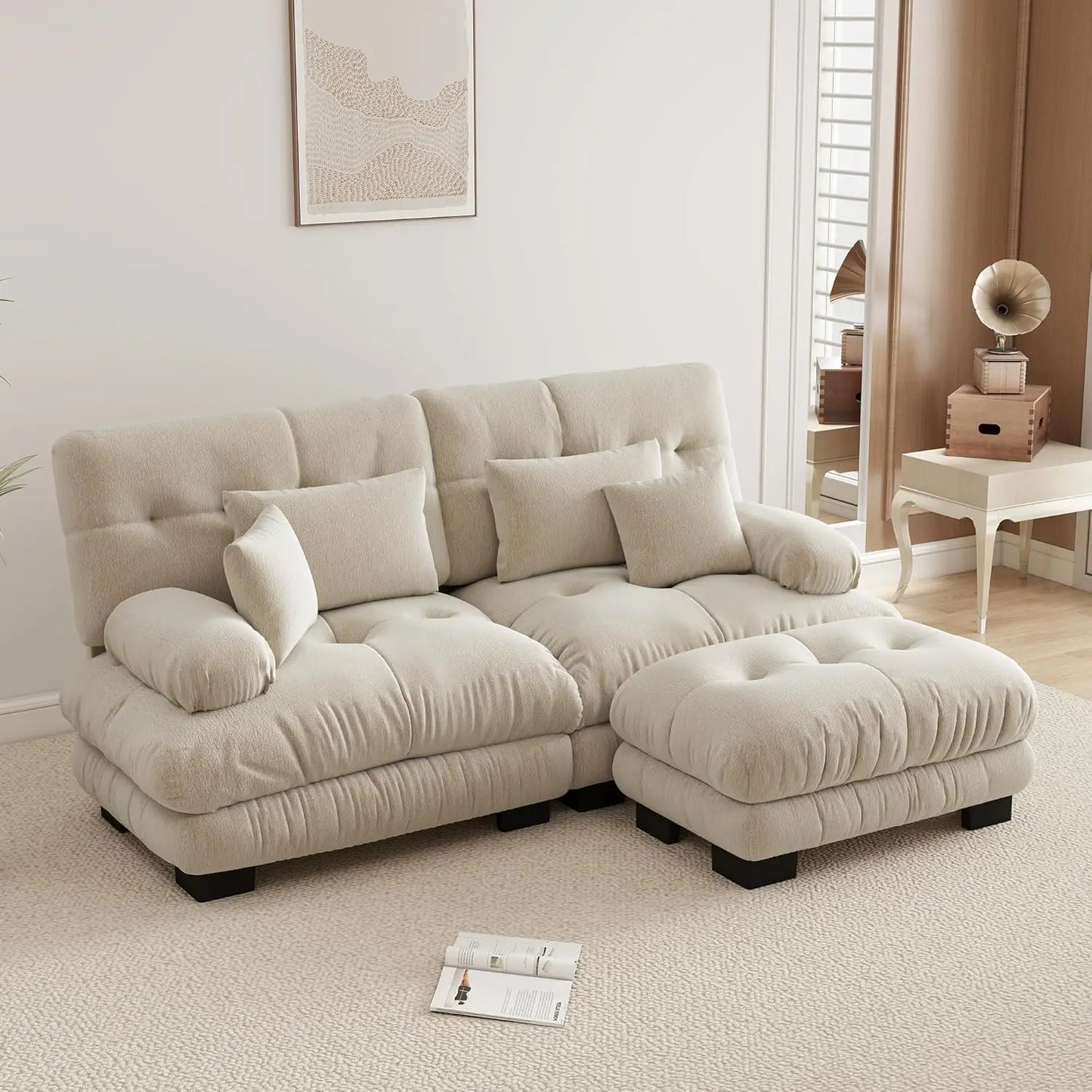 94.4" L-Shape Modular Cloud Sectional Sofa with Chenille Plush Fabric - 2 Seater Couch with Deep Seat and Movable Ottoman