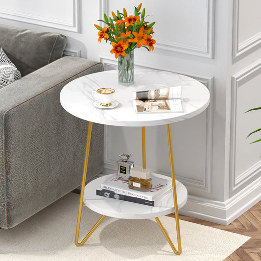 Tribesigns 2 Tier Faux Marble End Table Round Side Table with Shelves Small Coffee Accent Table for Living Room, White and Gold