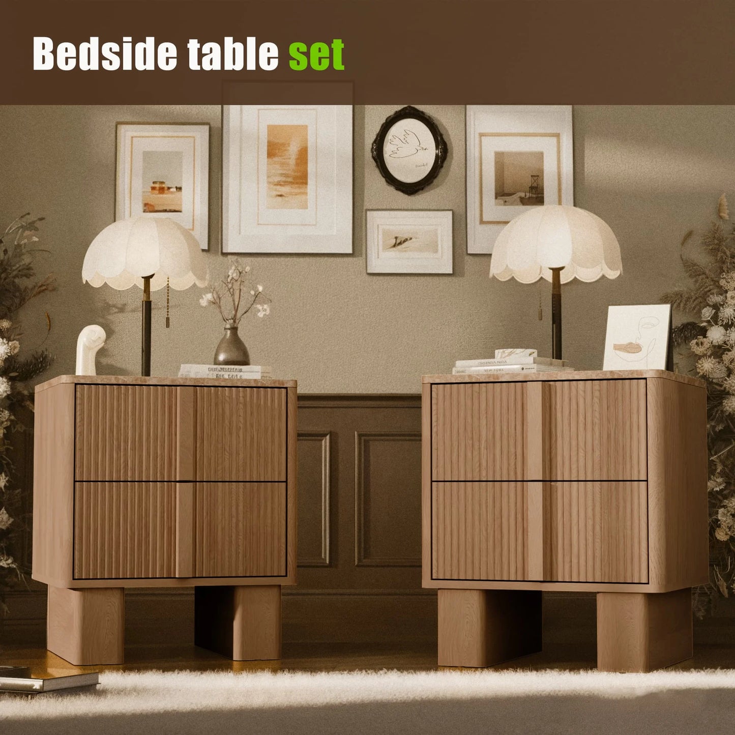 GEGOFORU Set of 2 Fluted Nightstands w/ Charging, 2-Drawer End Tables w/ Reinforced Legs, Whitewashed Oak for Bedroom