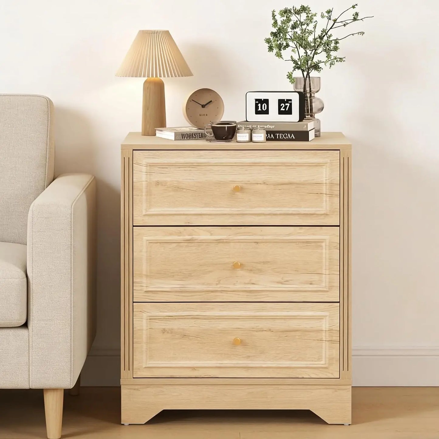 Nightstand Set of 2, Wooden 3-Drawer Bedside Table with Carved Sides, 23-inch Wide End Table with Stable Base, Small，Customized