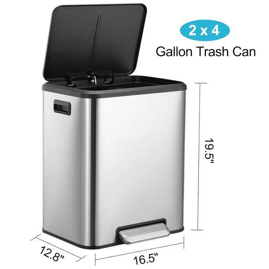 Rectangular Silver Trash Can Stainless Steel 2 x 4 Gal (2 x 15L) Garbage Can Steel Pedal Recycle Bin with Lid and Inner Bucket