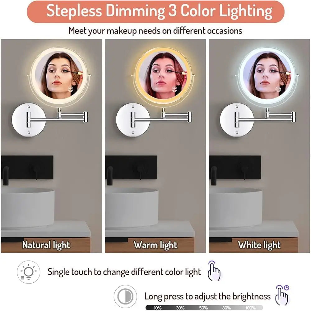 Rechargeable Wall Mounted  Makeup Mirror 8 inch Double-Sided 1X 10X Magnification 3 Color Light Modes Adjustable Brightness
