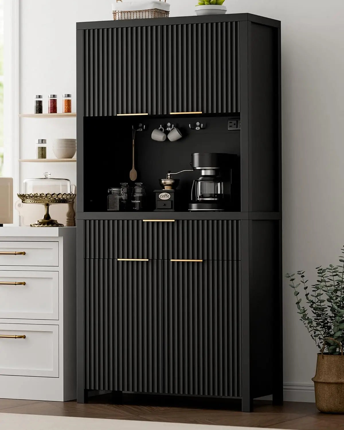 71" Fluted Pantry Cabinet with Charging Station & Adjustable Shelves, Spacious Kitchen Storage Cabinet with Open Countertop (Multiple colors)