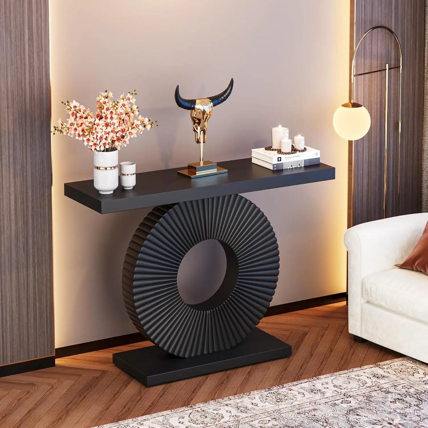 LITTLE TREE Modern Console Table with Geometric Base, 40 inch Wood Entryway Table,Accent Table for Living Room, Entryway (Black and  White)