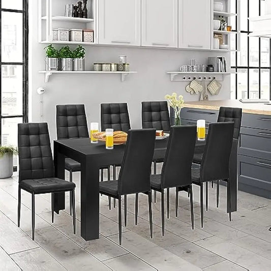 9 Pcs Dining Table Set, Wood Rectangular Table with 8 Upholstered Chairs Set, Modern Kitchen Table Set, Black Dining Room