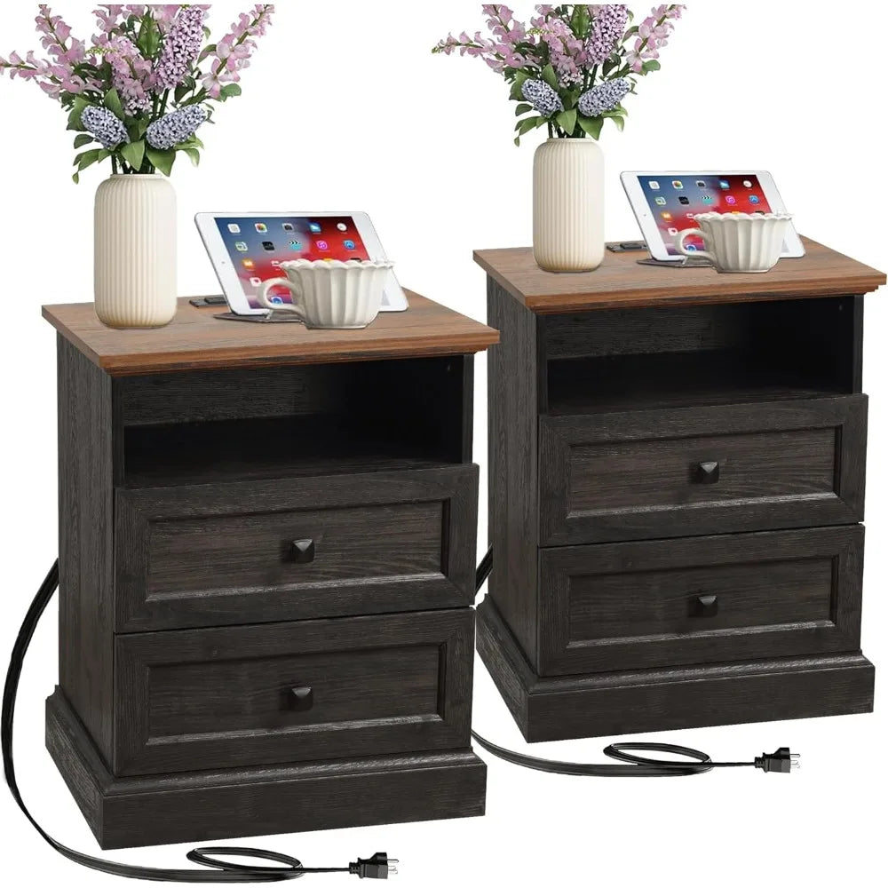 Night Stand Set of 2 with Charging Station, Bedside Table with 2 Drawers Storage and Open Shelf, Wood Farmhouse Nightstands