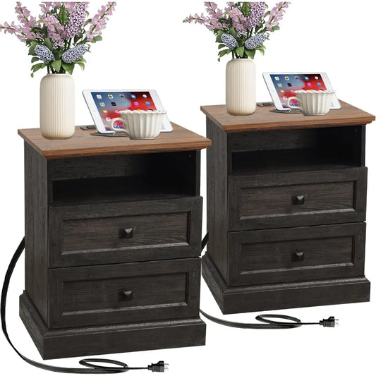Night Stand Set of 2 with Charging Station, Bedside Table with 2 Drawers Storage and Open Shelf, Wood Farmhouse Nightstands
