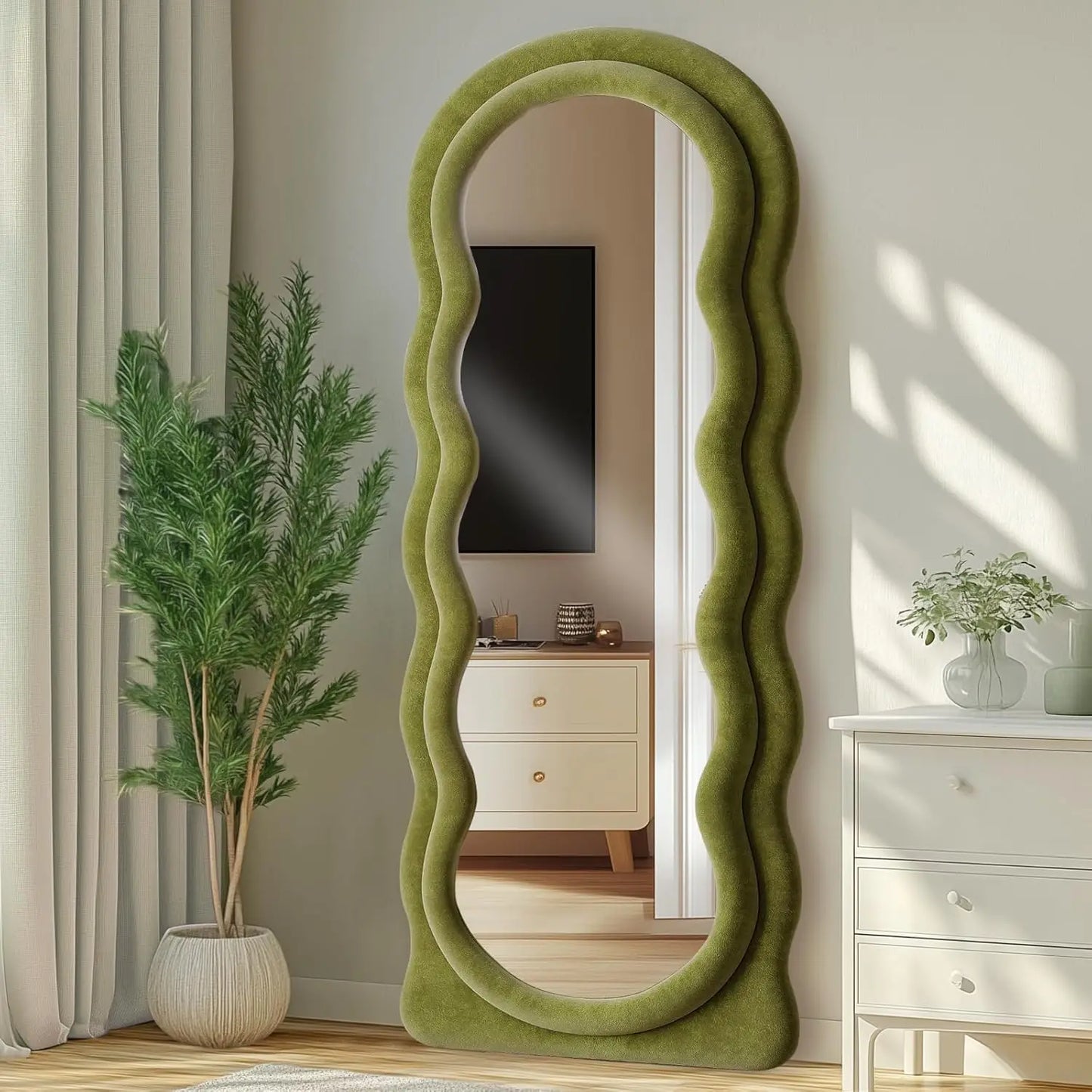 Full Length Mirror 63"x24" Arched Wavy Full Body Wall Mounted Floor Mirror with Stand Milk Tea Flannel Frame Leaning Hanging