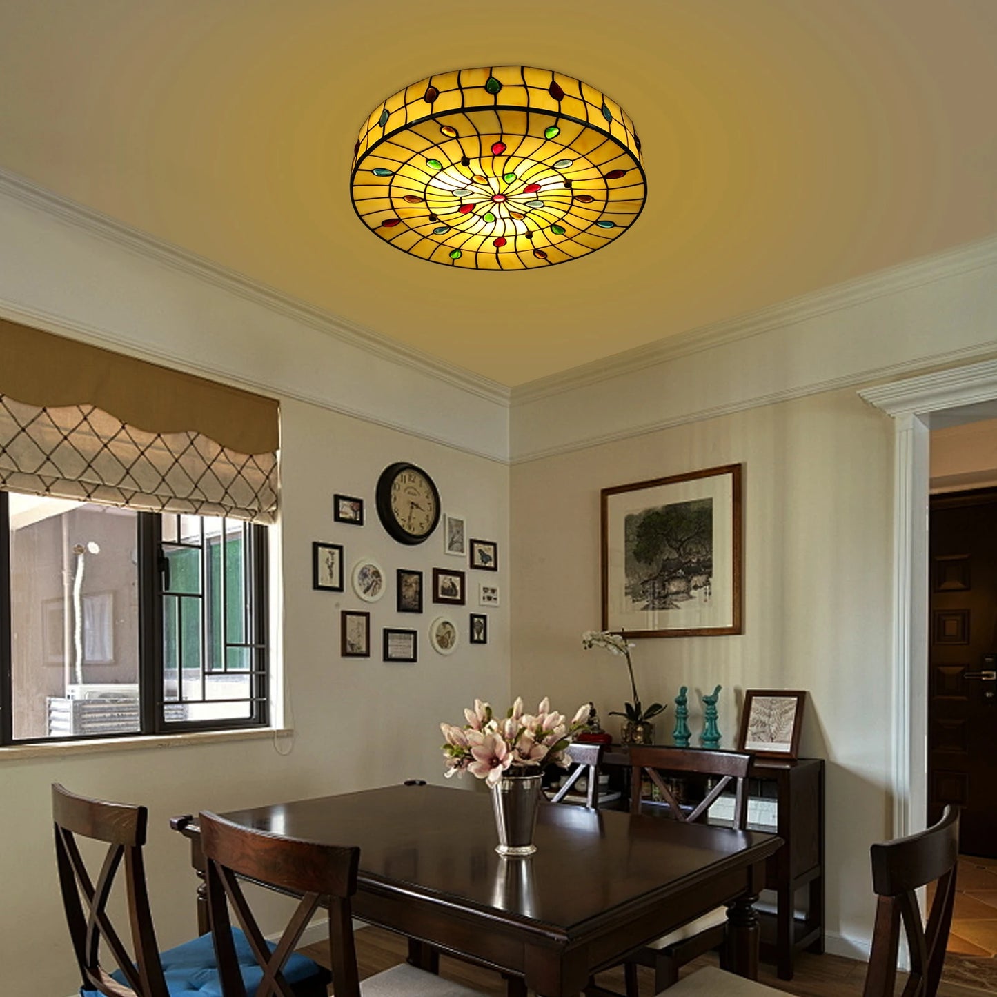 3 Light Ceiling Lamp 18inch Vintage LED Tiffany Ceiling Light Stained Glass Handmade Retro Flush Fixture for Bedroom Hallway