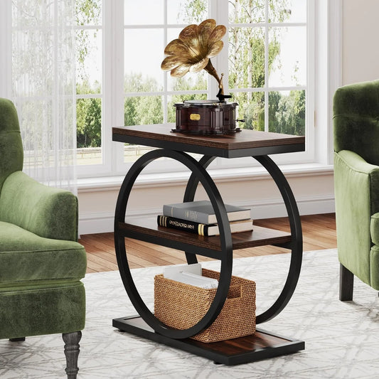 End Table with 3 Storage Shelves, Industrial Small Sofa Side Table, Slim Nightstand and Bedside Table (Grey and Brown)
