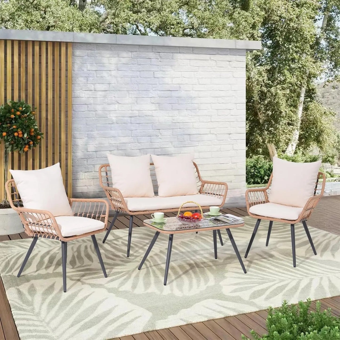 Verano Garden 4 Pieces Patio Furniture Set, Outdoor Wicker Patio Conversation Set for Porch Deck, Boho Loveseat & 2 Armchairs
