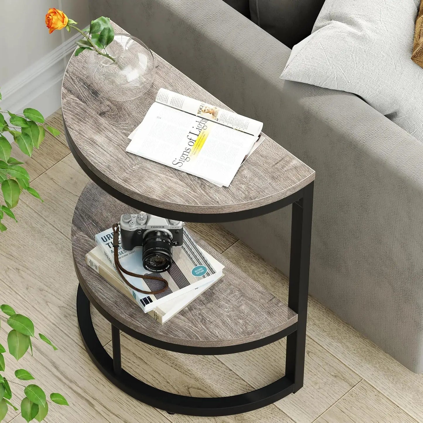 2-Tier End Table Semi Circle, Half Round Side Table with Storage Shelf, Wood Accent Table Slim C Table for Sofa Couch (Multiple colors)