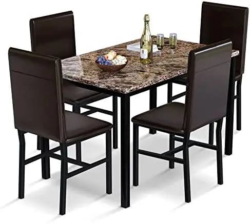Coffee Color Faux Marble Dining Table Set for 4 with 4 PU Leather Chairs
