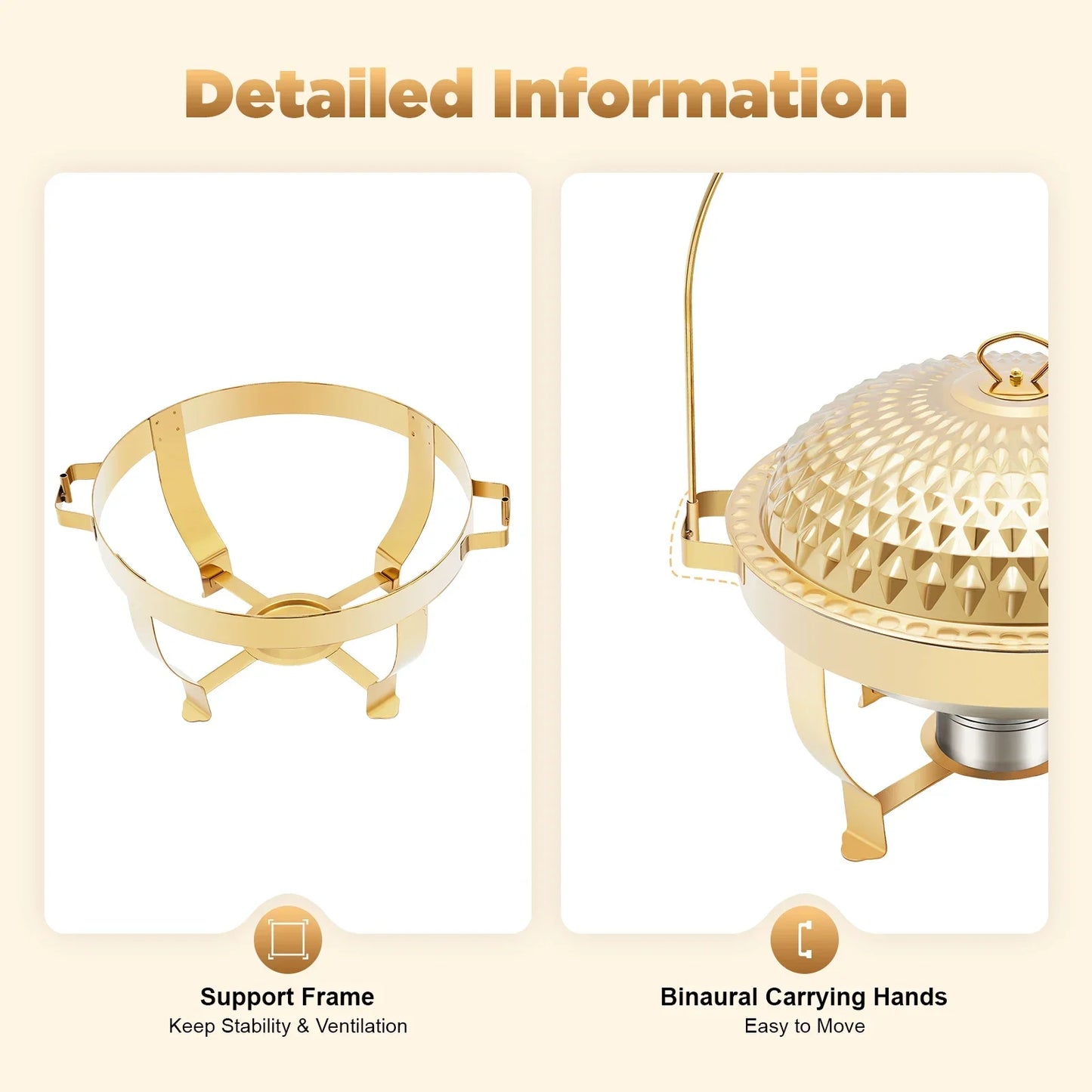 8.5Qt /8L Chafing Dishes for Buffet Stainless Steel Round Buffet Chafer, Gold Hanging Lid Dining Stove, Buffet Server