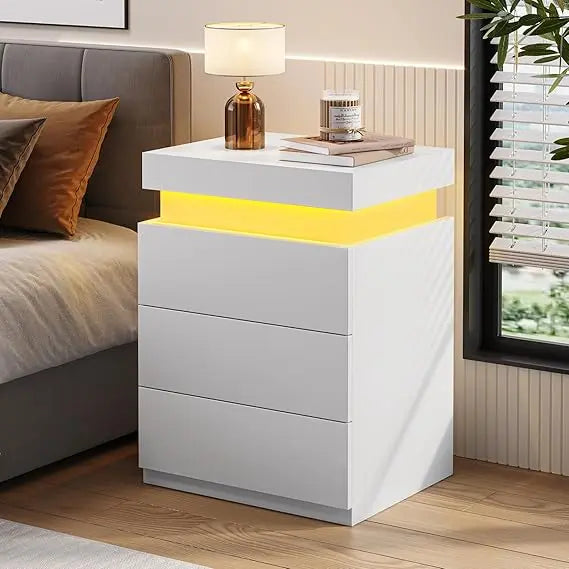 Nightstand with Charging Station and LED Lights, Led Nightstand with Sliding Top,Night Stand with Drawers, Modern End Table Side