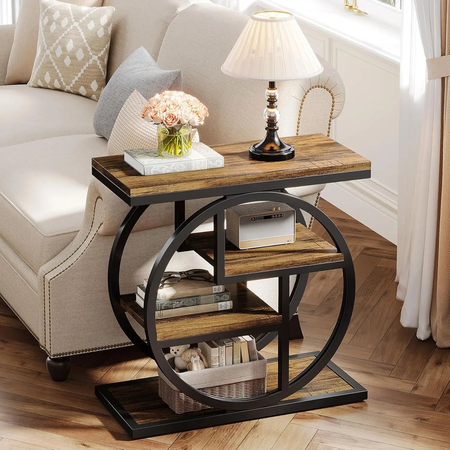 End Table Set of 2, 4-Tier Narrow Side Table with Storage Shelves, Wood Small Sofa Side Table with Geometric Metal Frame