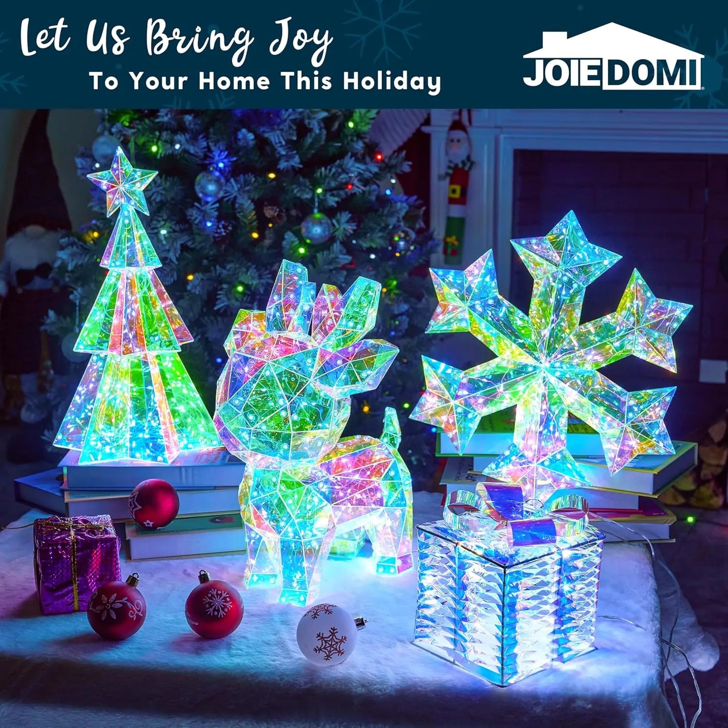 JOYFY 15 in Prismatic Iridescent Snowflake Light Prismatic Christmas Decor 100 LED Cool White Lights for Indoor Christmas Décor