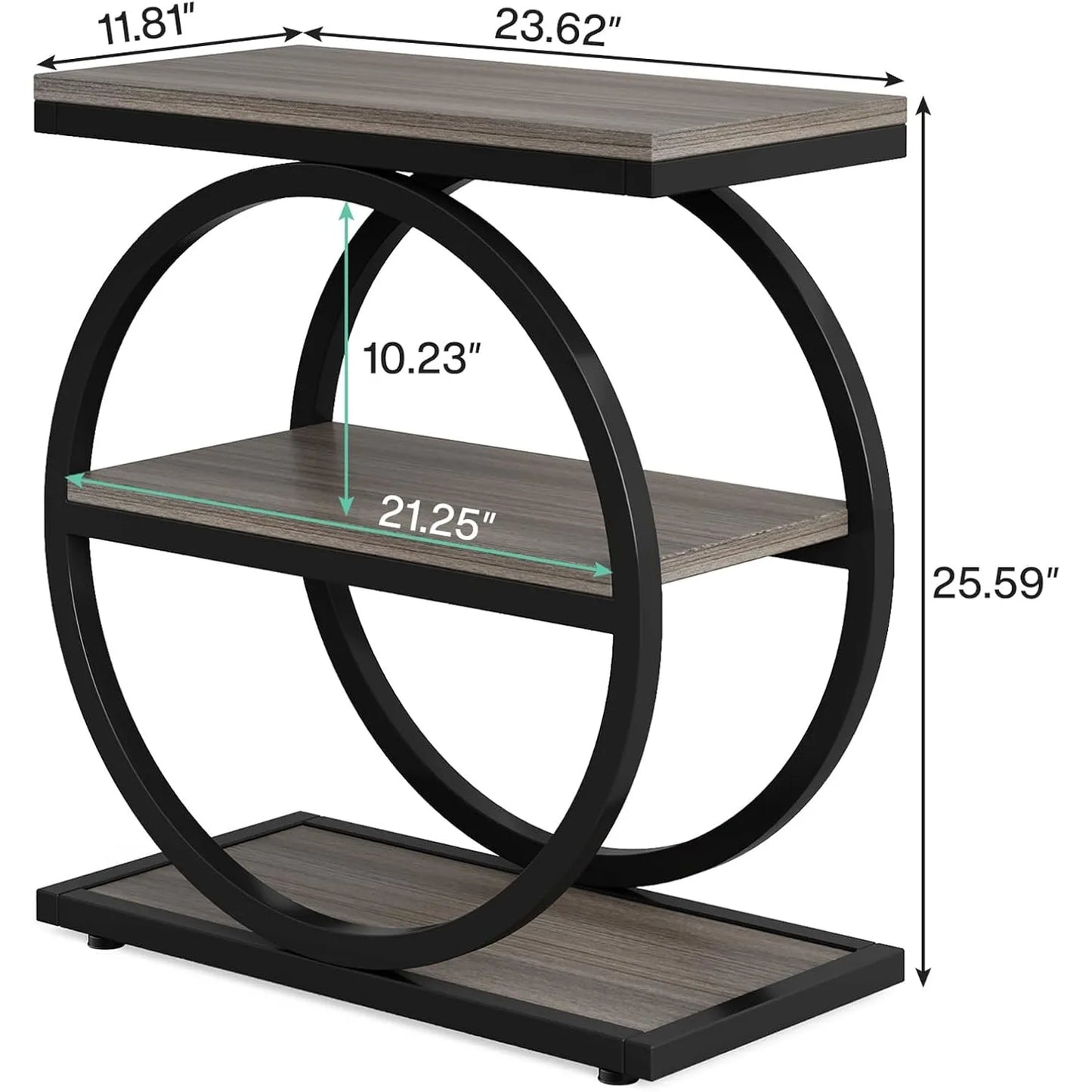 End Table with 3 Storage Shelves, Industrial Small Sofa Side Table, Slim Nightstand and Bedside Table (Grey and Brown)