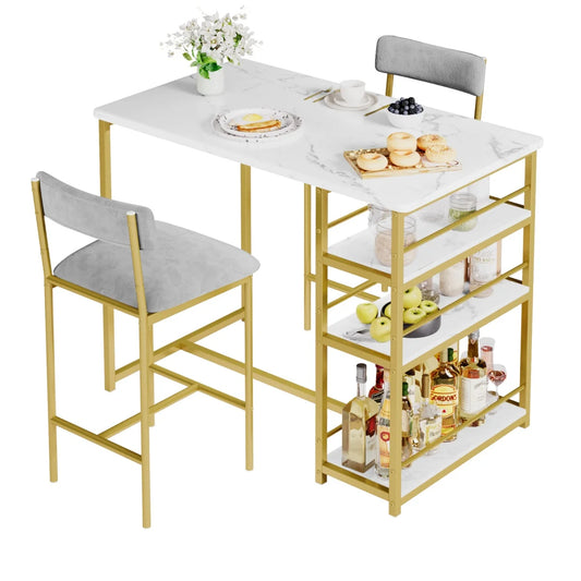 2-Person Dining Table Set,Bar Table with 2 Upholstered Chairs &3 Storage Shelves Small Space Kitchen Table for Apartment (Multiple colors)