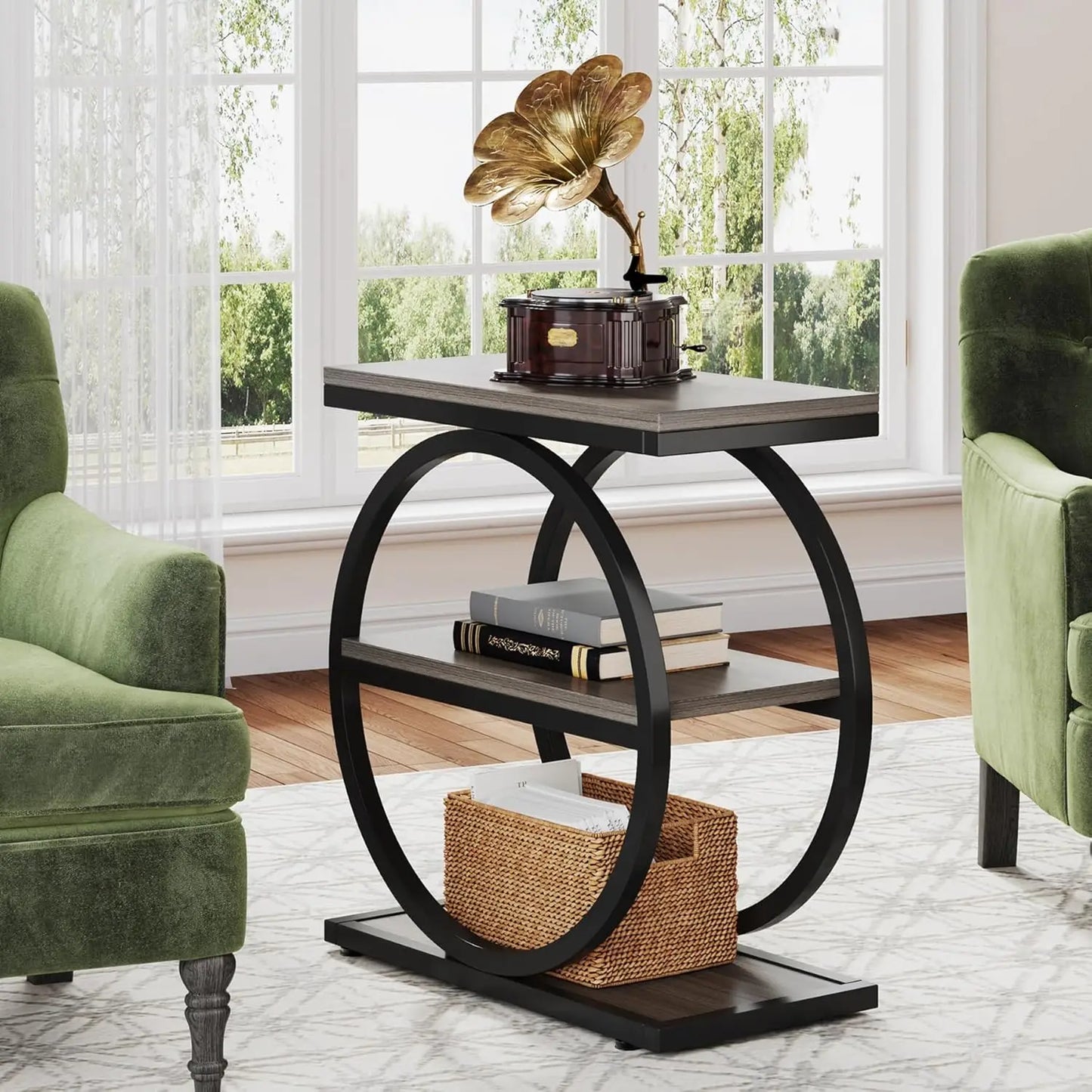 End Table with 3 Storage Shelves, Industrial Small Sofa Side Table, Slim Nightstand and Bedside Table (Grey and Brown)