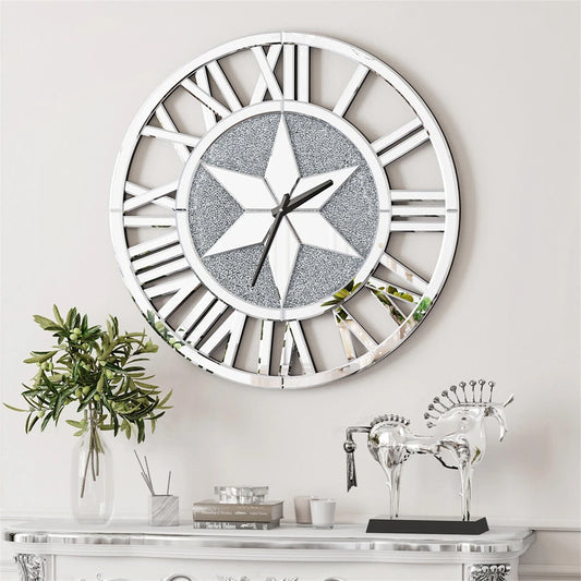 Large Mirrored Wall Clock 60CM Round Stunning Beveled Roman Numeral Skeleton Clock Family Living Room Fireplace Decor