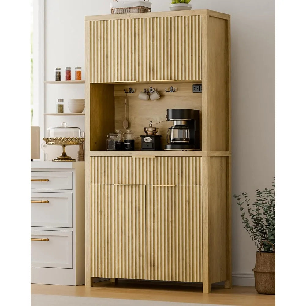 71" Fluted Pantry Cabinet with Charging Station & Adjustable Shelves, Spacious Kitchen Storage Cabinet with Open Countertop (Multiple colors)
