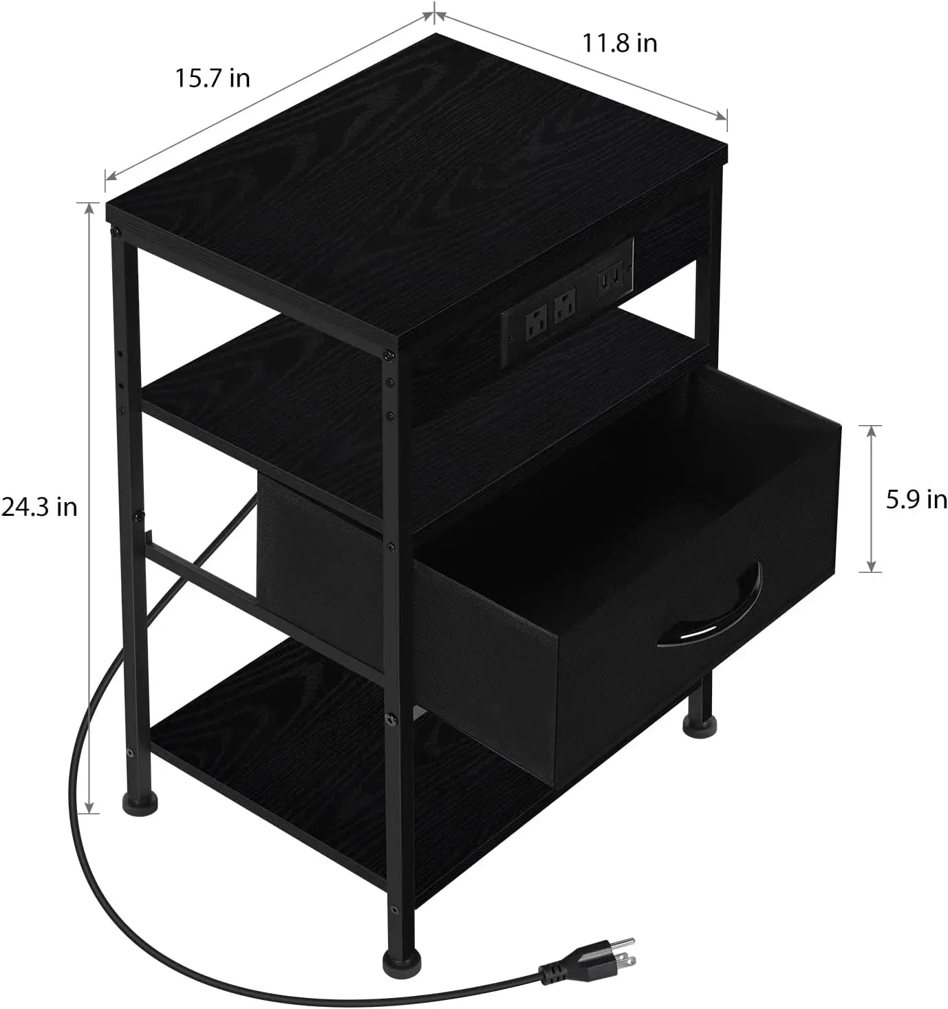 Black Bedside Table w/3-Tier Charging, USB/AC + Drawer, Multi-Use for Bedroom/Living/Farmhouse Decor
