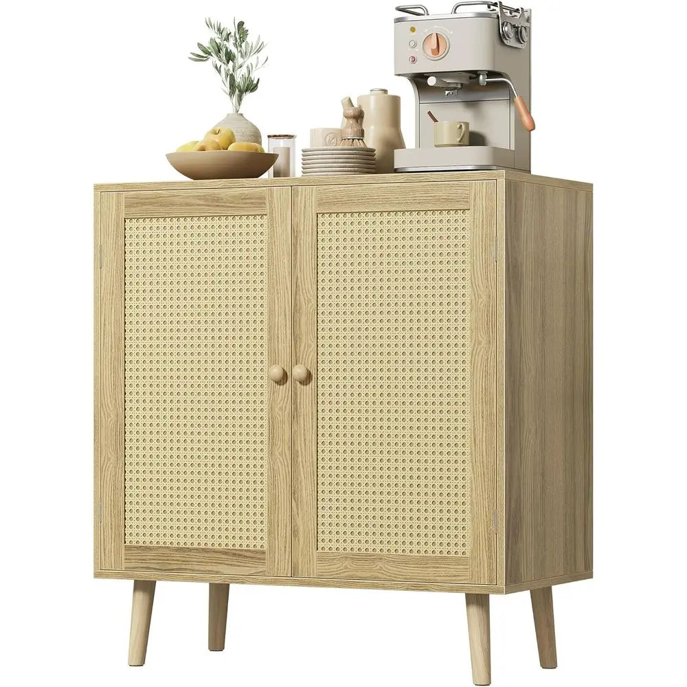 Natural Solid Wood Buffet Cabinet with PE Rattan Storage for Hallway, Entry, Living Room