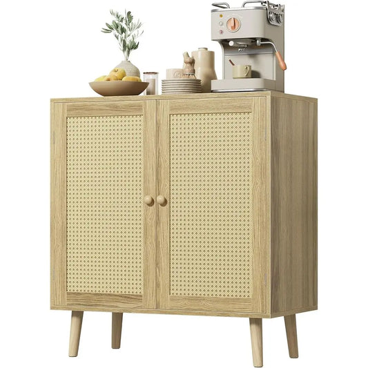 Natural Solid Wood Buffet Cabinet with PE Rattan Storage for Hallway, Entry, Living Room