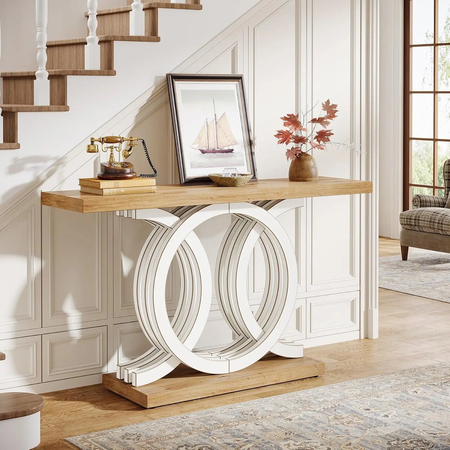 55-Inch Console Table with Geometric Wood Base,Modern Entryway Table with Thick Tabletop for Living Room, Hallway, Foyer (Gray)(Multiple colors)