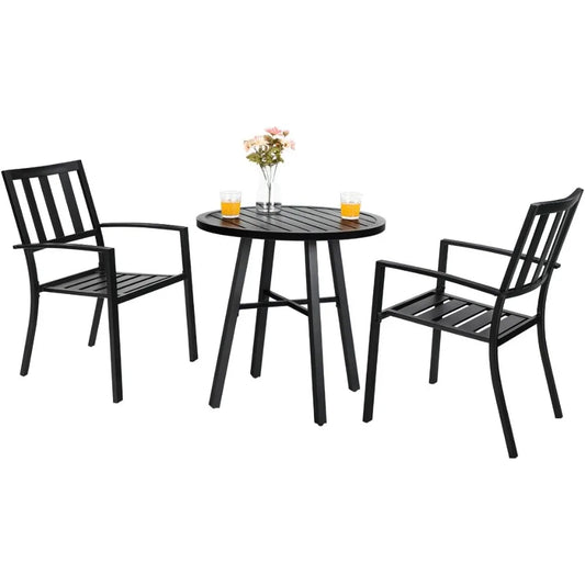 3 Piece Outdoor Patio Bistro Dining Set, Slatted Metal Round Table & 2 Patio Chairs, Outdoor Furniture Set for Porch, Deck