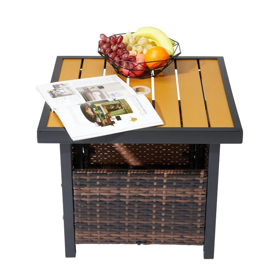 Outdoor Wicker Side Table with Umbrella Hole Storage Space Square PE Rattan End Table for Patio Garden Poolside Deck Brown