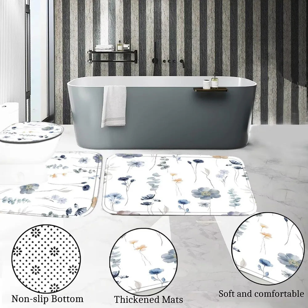 4pcs watercolor flower shower curtain set with non-slip rugs, toilet lid cover and bath mat, modern minimalist floral shower curtain