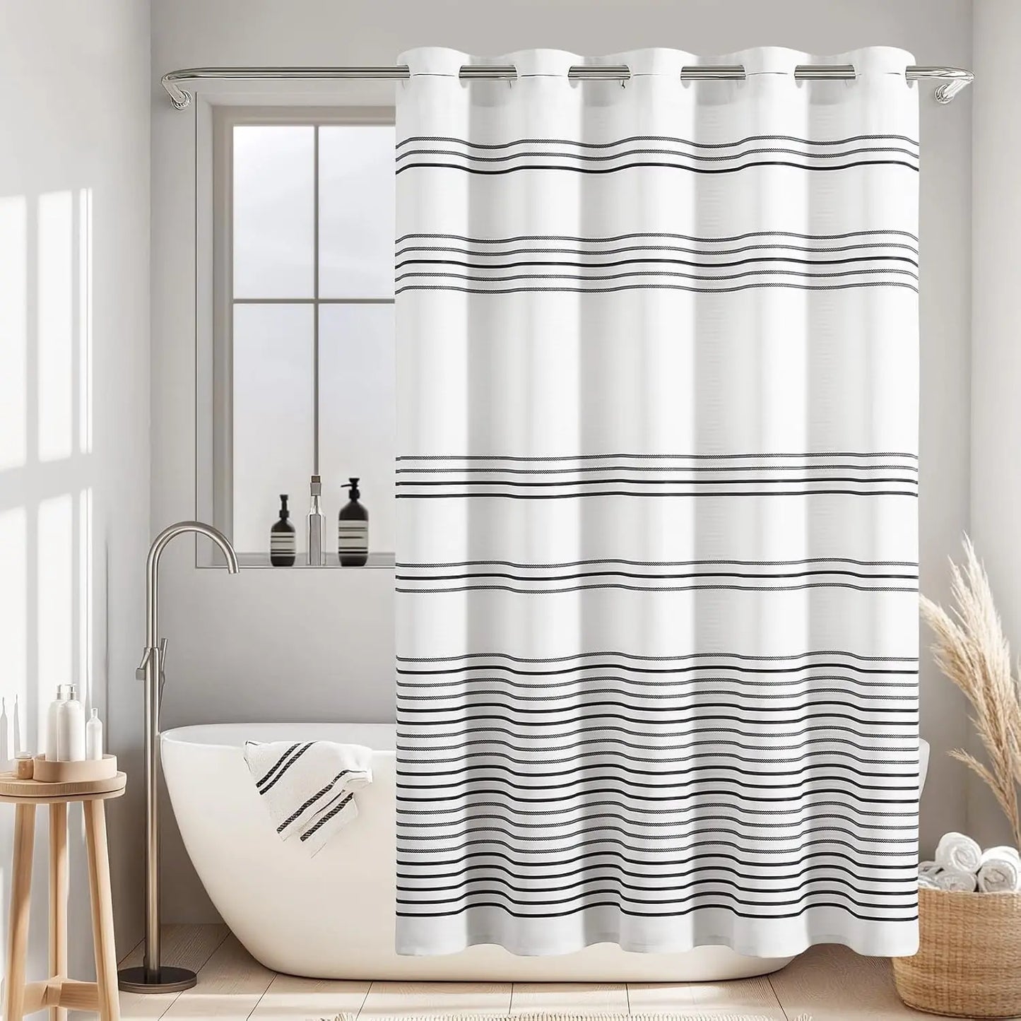 Hookless Shower Curtain Black White Striped Waterproof Fabric Bathroom Hotel Spa Modern Elegant No Hook 70x72 Inches