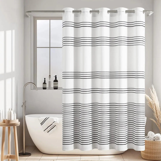 Hookless Shower Curtain Black White Striped Waterproof Fabric Bathroom Hotel Spa Modern Elegant No Hook 70x72 Inches