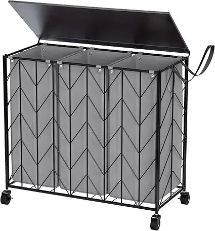 Large Capacity 142L 3-Section Rolling Laundry Hamper with Lid and Removable Bags, Ideal for Dirty Clothes Storage and Organization