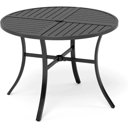 42"x 42" round Outdoor Patio Dining Table Metal Slatted Top with Adjustable Umbrella Hole for Deck Lawn Garden