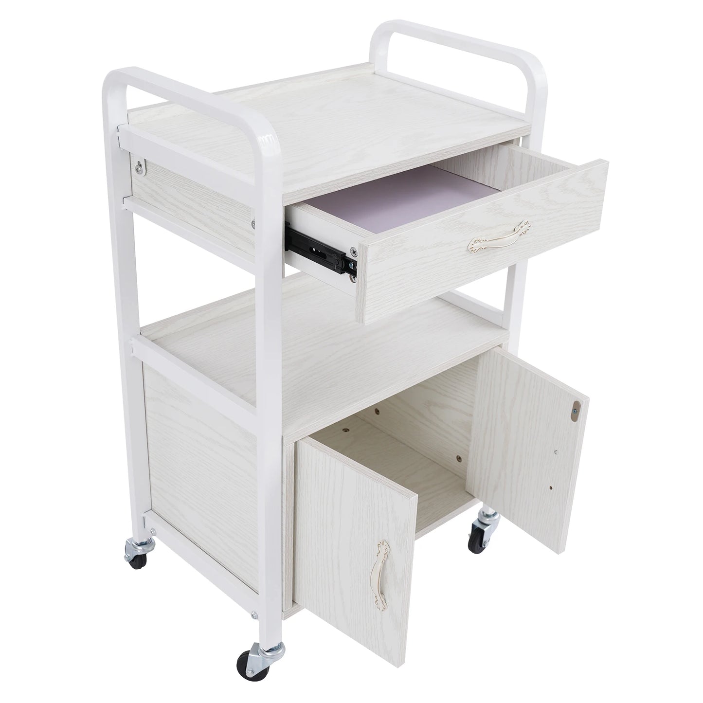 Salon High-density Wood Panels Storage Cart,White Rectangle Free Standing Movable Beauty Organizer
