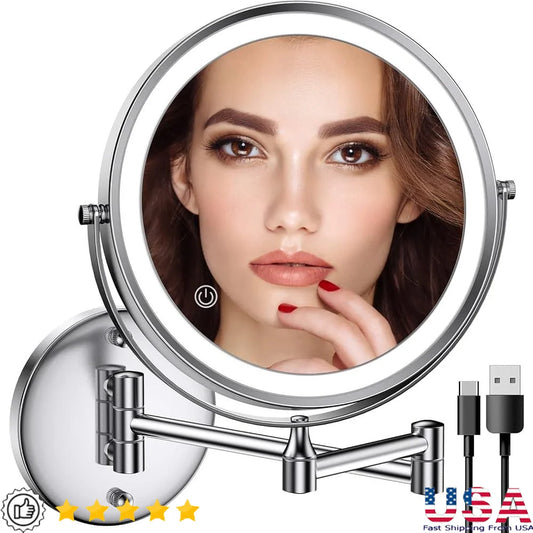 Rechargeable Wall Mounted  Makeup Mirror 8 inch Double-Sided 1X 10X Magnification 3 Color Light Modes Adjustable Brightness
