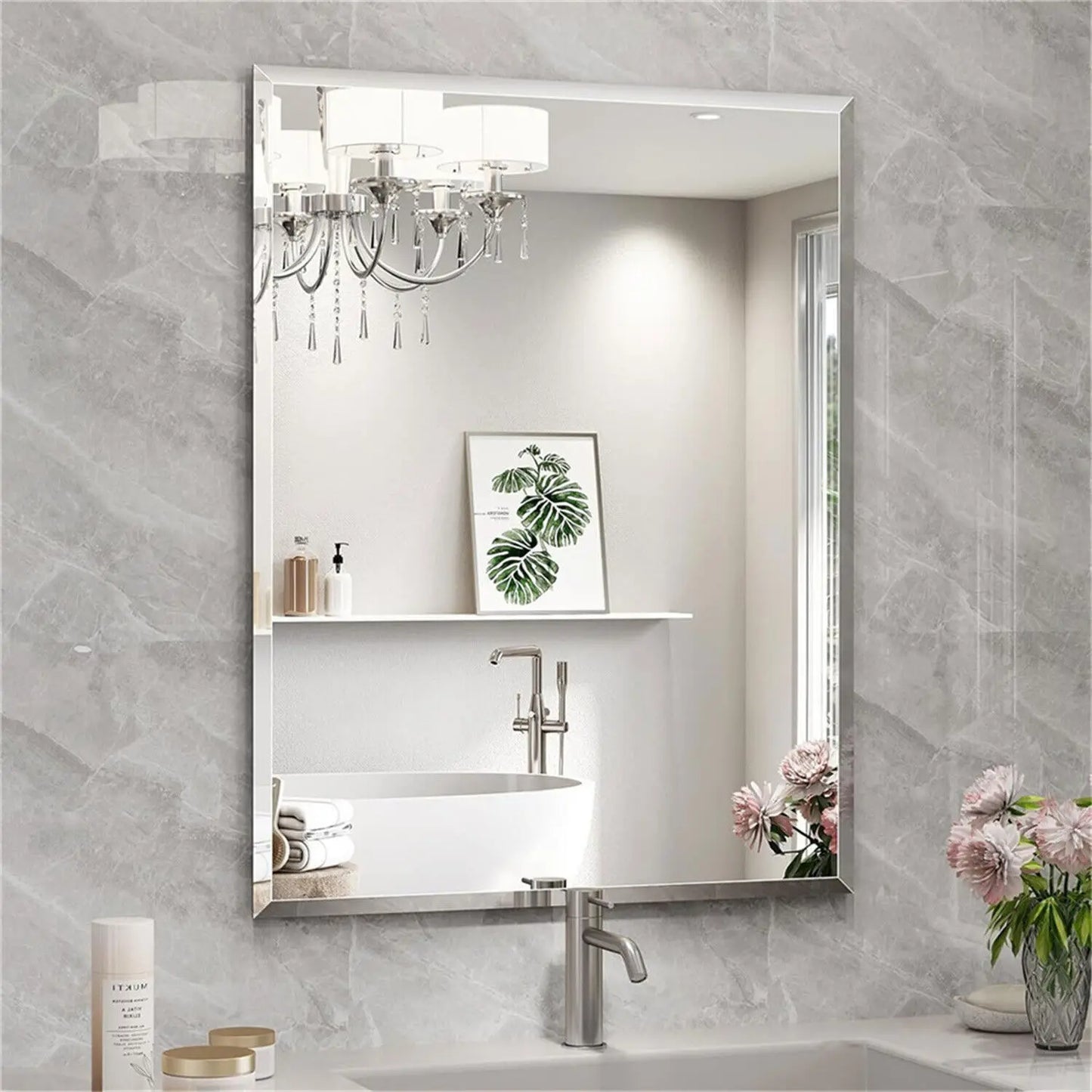Rectangle Wall Mirror Frameless Vanity Mirror Entry Decor Mirror Beveled Silver Edge for Bathroom Bedroom Livingroom Diningroom