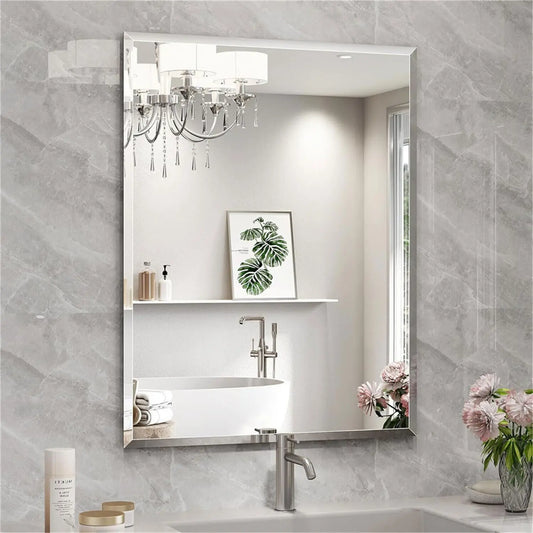 Rectangle Wall Mirror Frameless Vanity Mirror Entry Decor Mirror Beveled Silver Edge for Bathroom Bedroom Livingroom Diningroom