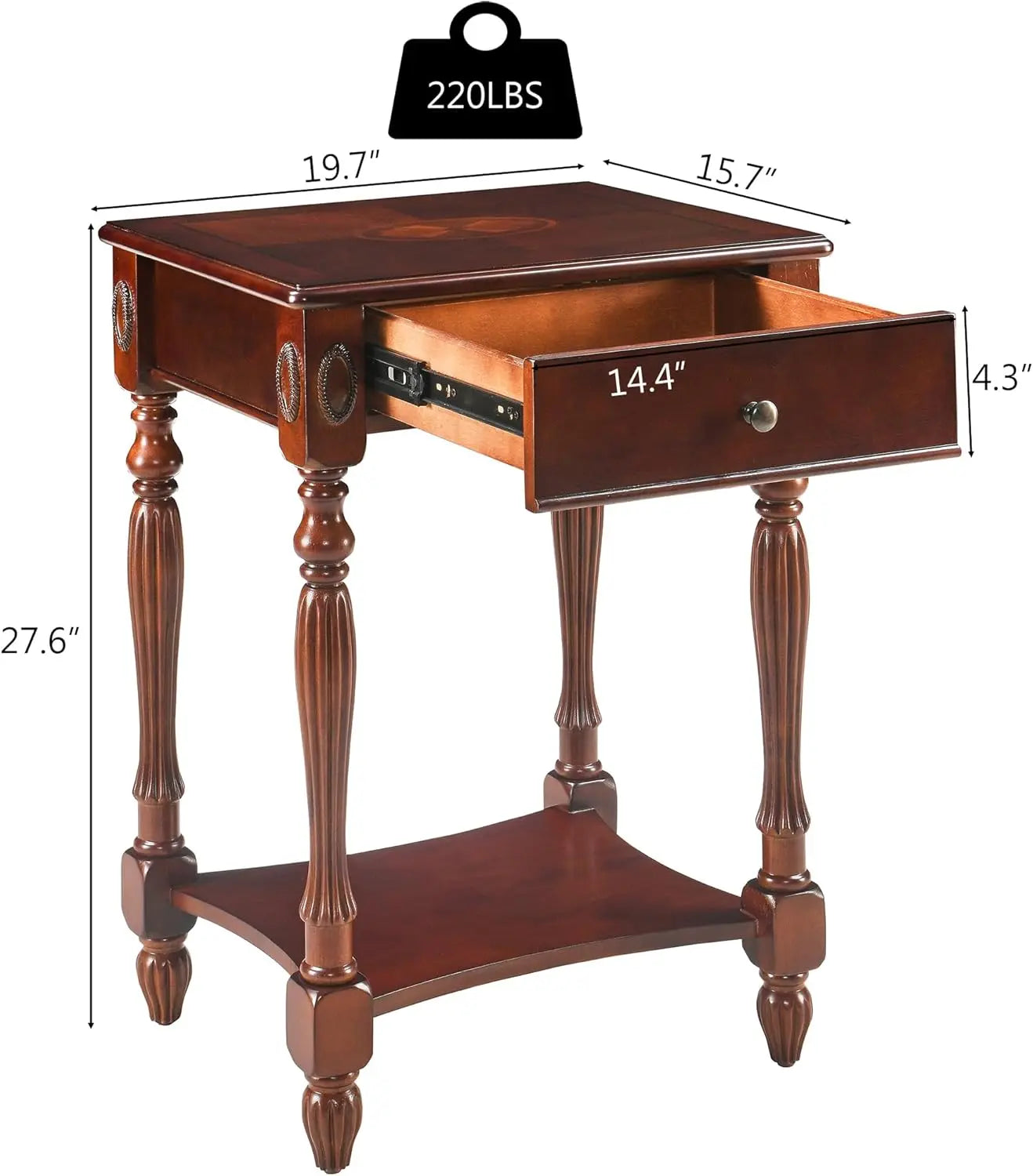 Solid Wood Side Table with Drawer, Victorian Style Vintage Nightstand, Antique Cherry Wood End Tables Living Room Bedroom