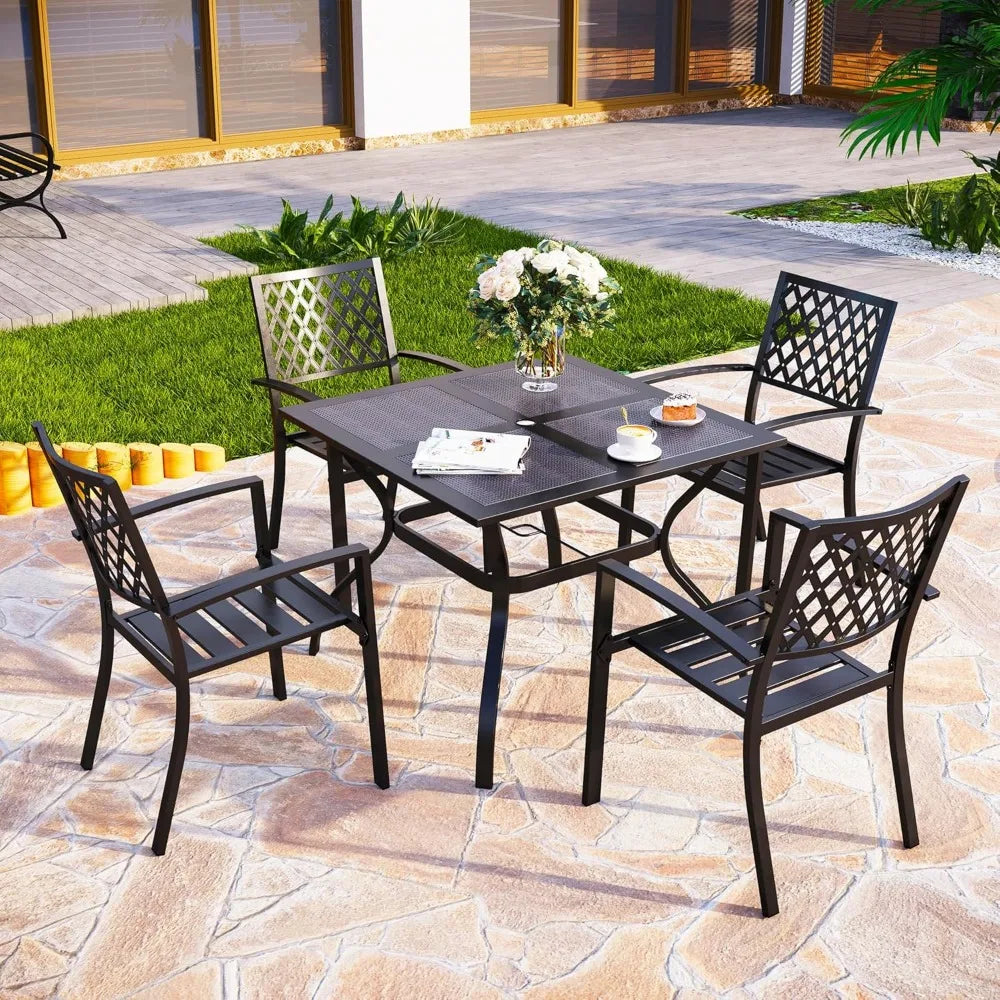 Patio Dining Set Wrought Iron Outdoor Table and Chairs Furniture Set 5 Piece, 37" Square Bistro Table with Umbrella Hole and 4 chairs