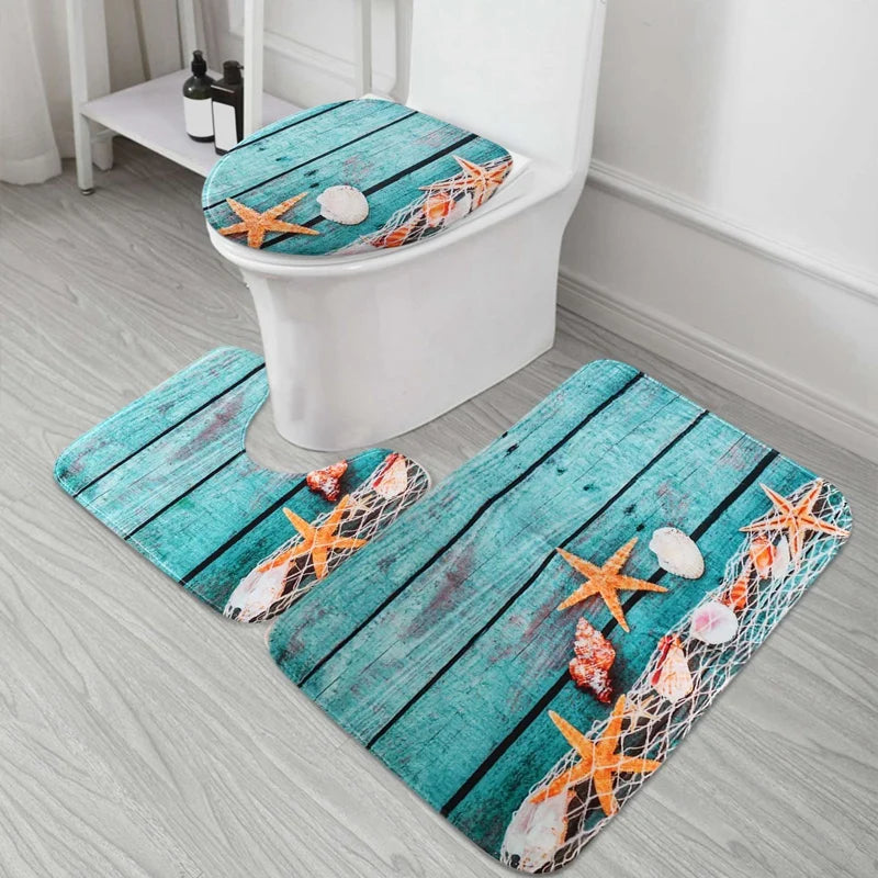 Beach Seashells Starfish Sand Bath Mat Holidays Summer Bathroom Carpet Rug Non-Slip 3 Piece Toilet Mat Set Starfish Floor