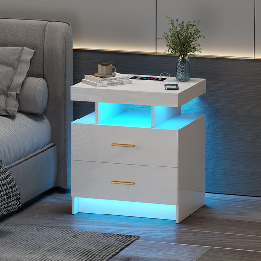JDPAG LED Nightstand, RGB Black Night Stand with USB/Wireless Charging Station, Modern Bedside Table has Auto Sensor RGB Lights